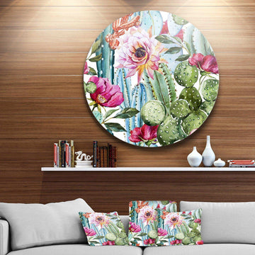 Cactus Pattern Watercolor - Floral Circle Metal Wall Decor